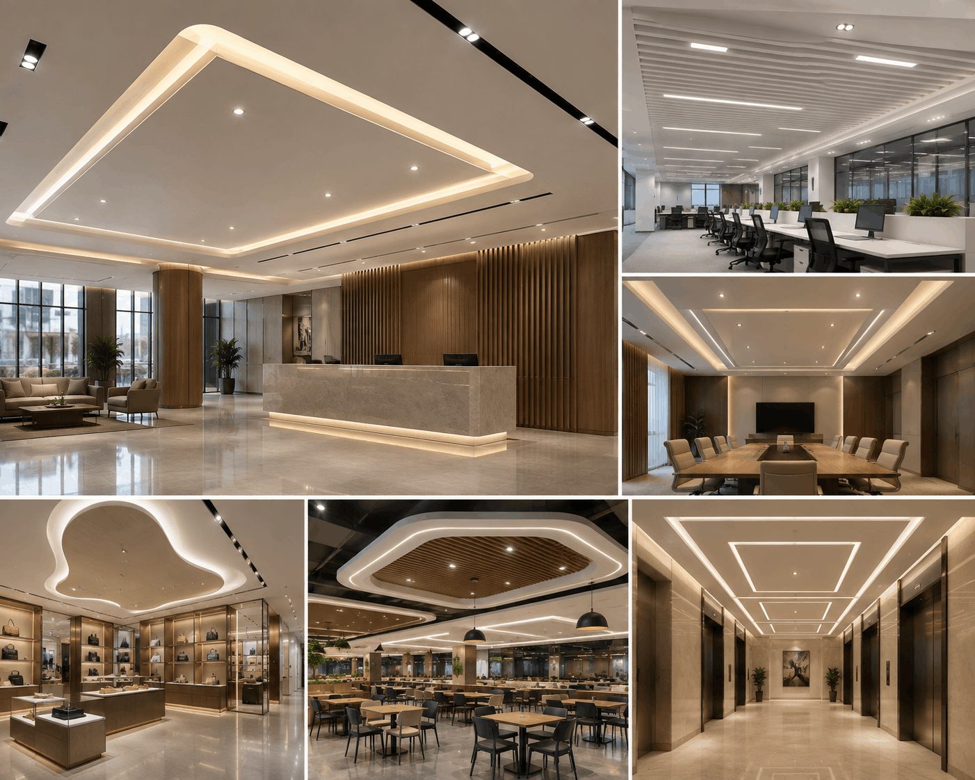 Commercial corridor with cove-lit false ceiling system
